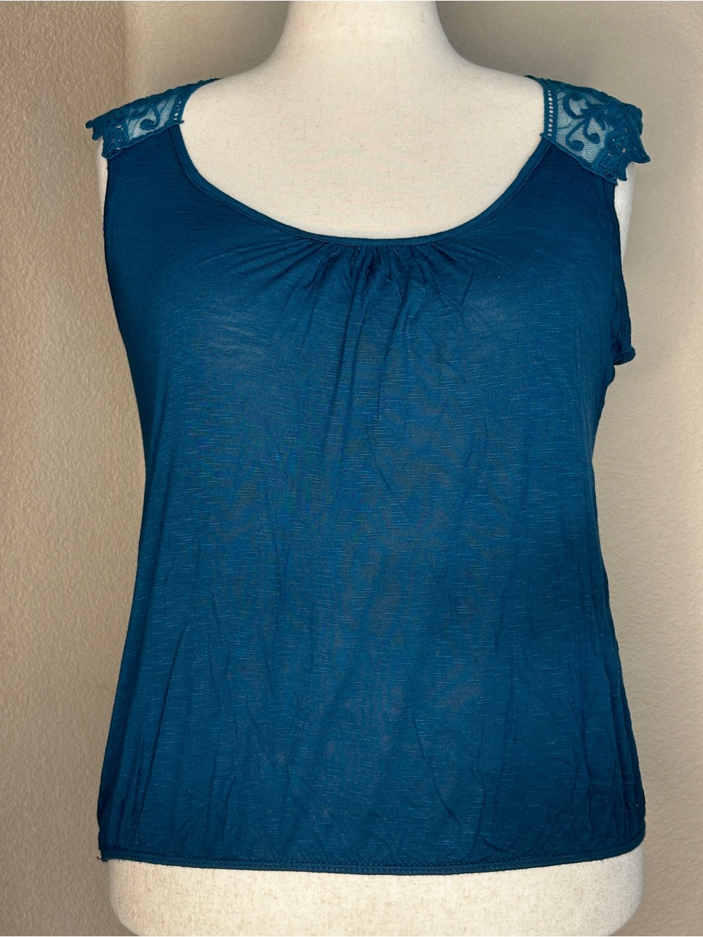 Teal Lace-Shoulder Sleeveless Top